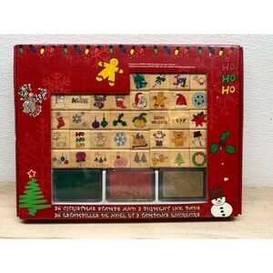 36 Christmas  Wood Mounted Rubber Stamps And Pigment Ink Pads NIB